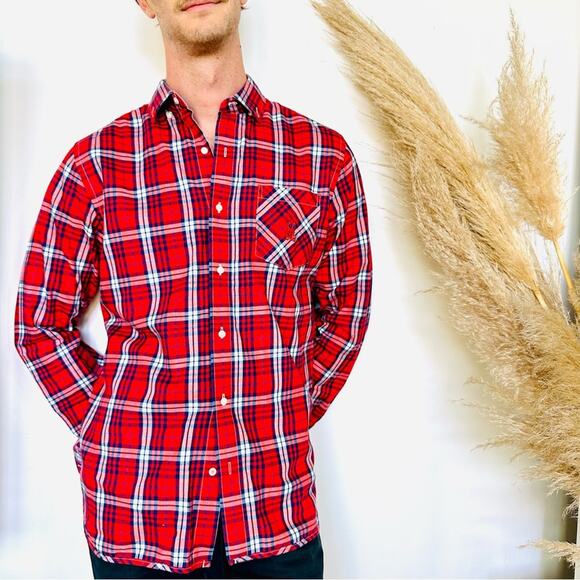 NEW PSYCHO BUNNY Blue Red White Plaid Flannel Print Button Long Sleeve Shirt M - Picture 7 of 9